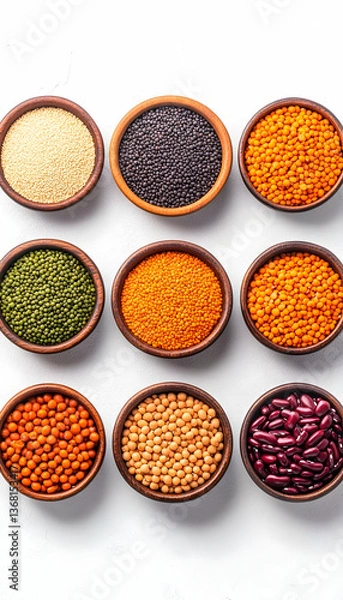 Obraz Nine bowls of various dried legumes and seeds on white background