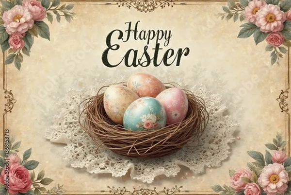 Fototapeta A parchment-textured, antique-style background with intricate Victorian floral engravings. A nest with delicately painted pastel eggs in vintage floral patterns. 
