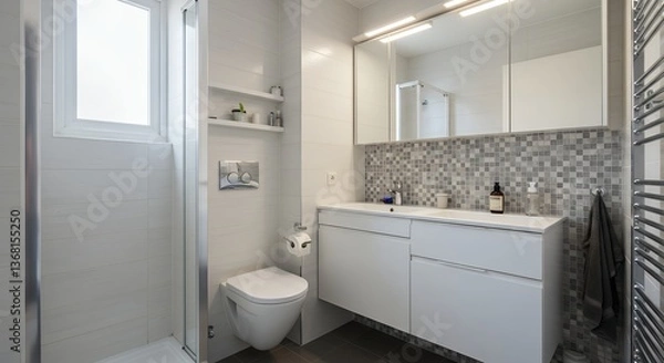 Fototapeta Modern Bathroom Interior Design with White Fixtures and Gray Accents