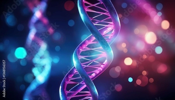 Obraz abstract dna double helix in blue and pink colors on a dark background with bokeh lights a futuristic technology concept mrna