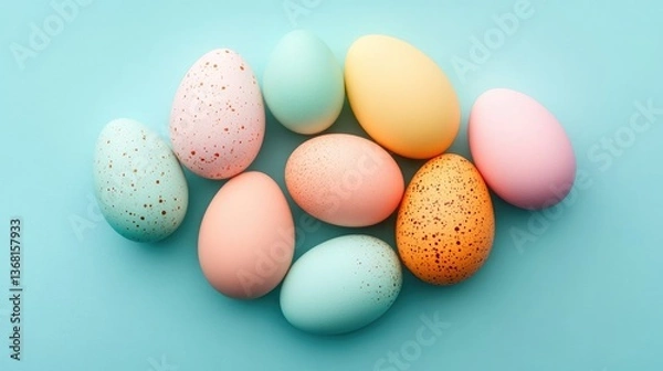 Fototapeta A set of pastel and neon eggs blending together on a bright teal background.