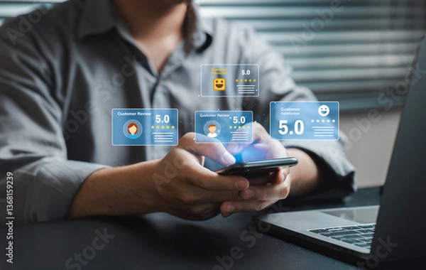 Fototapeta Digital Customer Review Feedback on Smartphone and Laptop Display