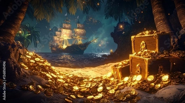 Fototapeta Gold coins scattered across a sandy beach, piles of treasure chests half-open with jewels spilling out, pirate ships anchored in the distance. A dark tropical island looms in the background