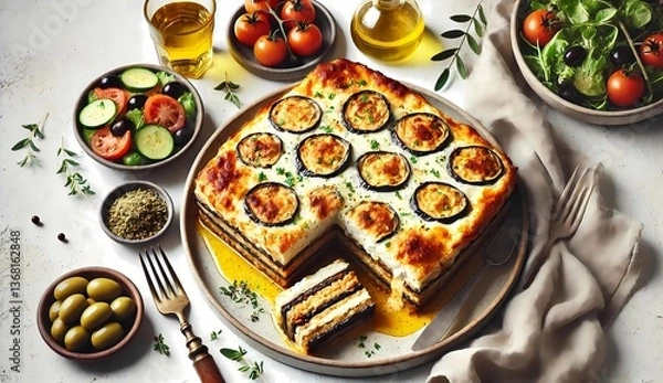 Fototapeta Traditional Greek Moussaka with Eggplant, Béchamel Sauce, and Ground Meat – Flat Lay of Mediterranean Baked Casserole Served with Olive Oil, Fresh Salad, and Herbs on Rustic Background