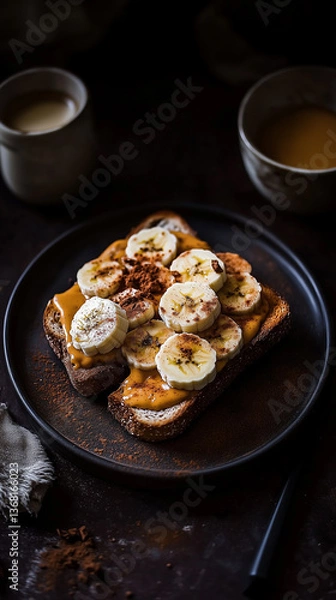 Fototapeta Toast with peanut butter, banana slices, and a pinch of cinnamon