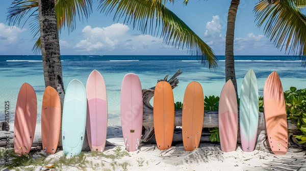 Obraz surfboards leaning against palm trees on the beach, clear blue water and white sand in view. The surfboards have pastel colors like peach or light orange, creating an aesthetic vibe for summer travel 