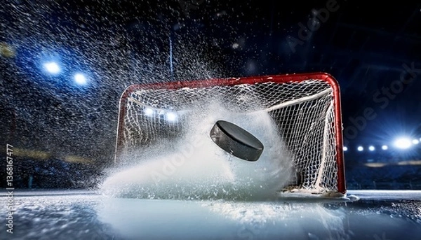 Obraz a hockey puck frozen in mid air as it smashes into the goal net with tiny ice particles flying in slow motion and the tension of the impact clearly visible