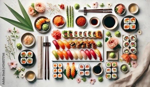 Fototapeta Colorful Assorted Sushi and Rolls with Soy Sauce and Wasabi – Japanese Food Flat Lay with Elegant Presentation