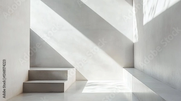 Fototapeta Minimalist architectural elegance in a serene white space, embodying simplicity and modern design.