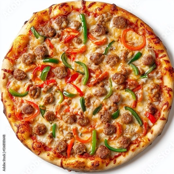Obraz Sausage pizza with red and green bell peppers and cheese