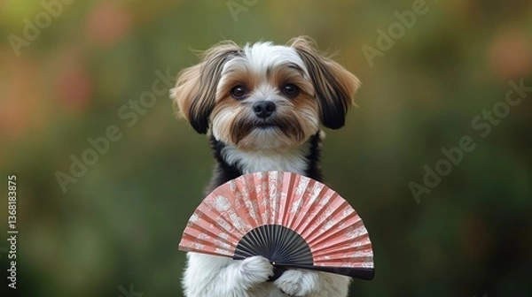 Fototapeta Tibetan terrier enjoys a moment with a fan, showcasing calm companionship.