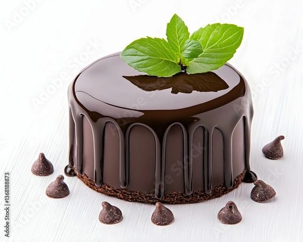 Fototapeta Rich chocolate mousse cake with ganache, mint garnish, and chocolate chips