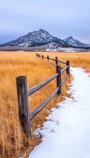 Fototapeta Rustic wooden fence lines a snowy field leading to distant mountains under a muted sky