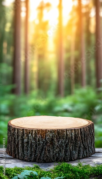 Fototapeta Rustic wooden slice on mossy surface, forest backdrop