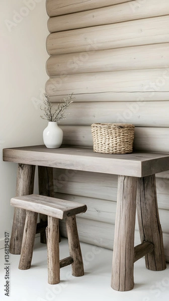 Fototapeta Rustic wooden table and stool against log wall
