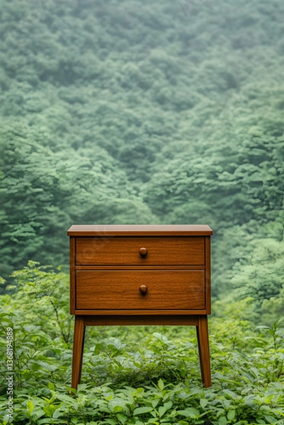 Fototapeta Rustic wooden two-drawer chest in lush green nature