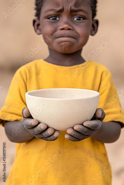 Fototapeta Sad child holding an empty bowl
