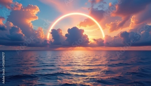 Fototapeta Fantasy Ocean Horizon Generate a fantastic ocean view where colorful clouds meet the horizon, framed by a radiant ring that reflects on the water, blending reality and fantasy.