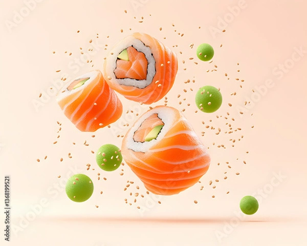 Fototapeta Salmon avocado sushi rolls levitate against a peach background, sprinkled with sesame seeds and wasabi peas