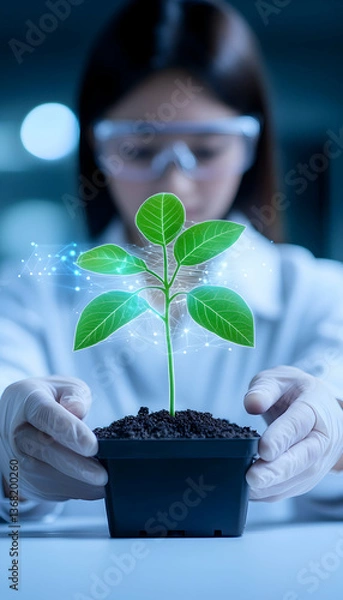Fototapeta Scientist examines a small plant seedling with glowing particles, signifying growth and research in a lab
