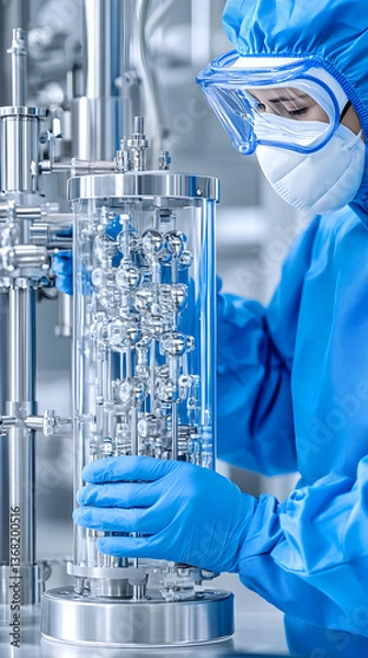 Fototapeta Scientist in sterile suit carefully examines a glass reactor in a lab setting