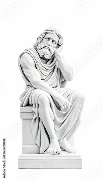 Fototapeta Seated, pensive, classical-style marble statue of an elderly man, isolated on white