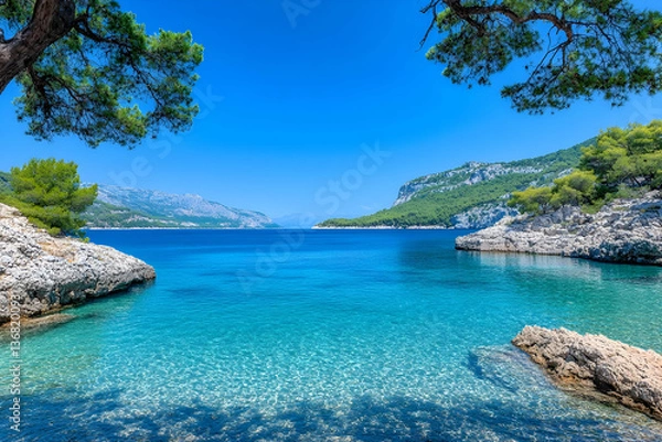 Fototapeta Secluded cove with crystal-clear turquoise water, framed by lush greenery under a vibrant blue sky