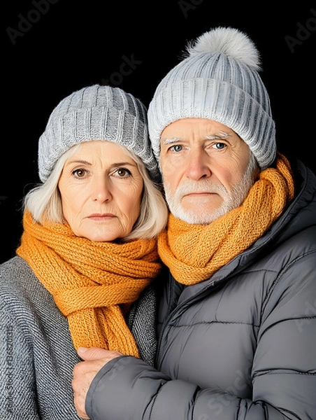 Fototapeta Senior couple in winter attire, serious expressions, close-up portrait against black background
