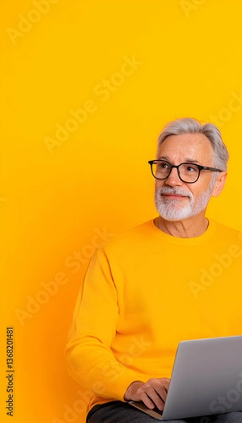 Fototapeta Senior man with glasses, yellow sweater, using laptop against yellow background