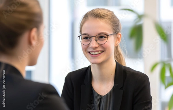 Fototapeta Executives and entrepreneurs come together at a trade fair, sharing business ideas and exploring strategic partnerships in a collaborative atmosphere.