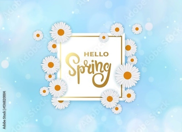 Fototapeta Hello spring background with frame, white flowers and blue bokeh sky.