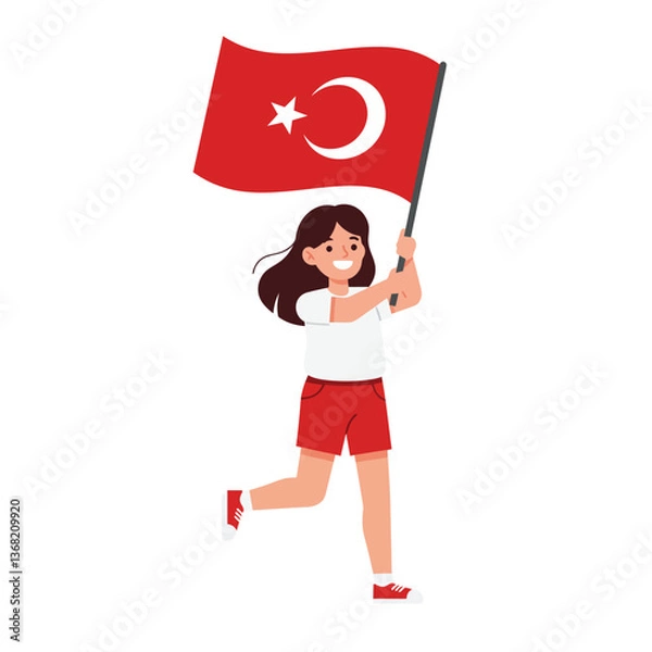 Obraz Girl joyfully waving a red flag in a flat, minimal vector illustration