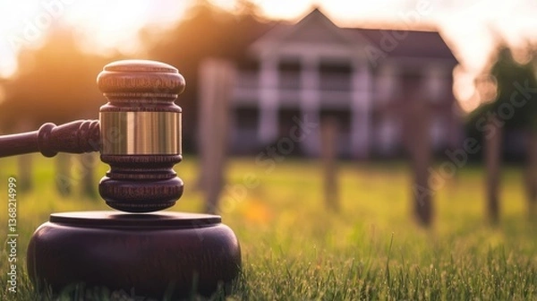 Fototapeta A gavel resting on a grassy field in front of a house during sunset, symbolizing justice and legal proceedings