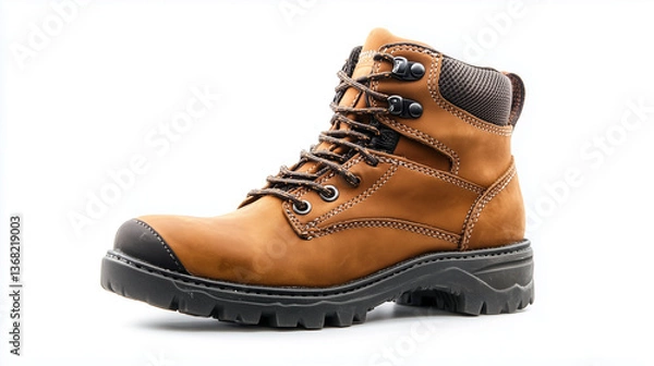 Fototapeta Hiking boots isolated on white background, Selective focus pair of trekking boots on white background.