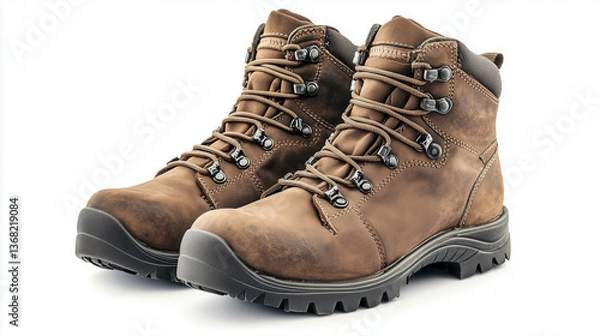 Fototapeta Hiking boots isolated on white background, Selective focus pair of trekking boots on white background.
