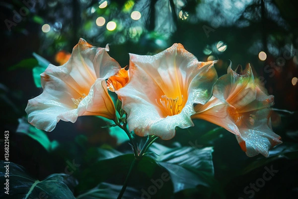 Fototapeta Mysterious Night Blooming Flowers In A Dark Enchanted Atmosphere With Soft Glowing Light, Generative AI