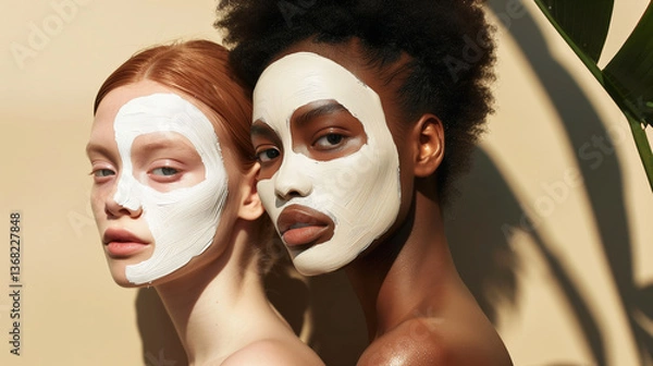 Fototapeta portrait of two women wearing a mud clay face mask on a beige background with soft tropical leaf shadows, natural skincare routine