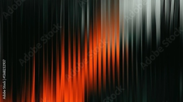 Obraz Dark mode wallpaper with gradient orange and black color transitions, grainy texture featuring vertical lines on dark grey background. Symmetrical pattern with noise effects and blurred grain filter, 