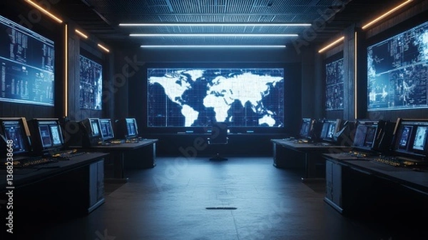 Fototapeta A high-tech control room with monitors displaying a global network map.
