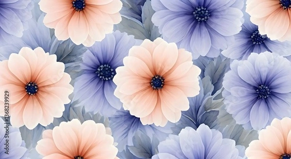 Fototapeta A dreamy floral watercolor pattern with lilac, periwinkle, and pale peach tones, AI Generated