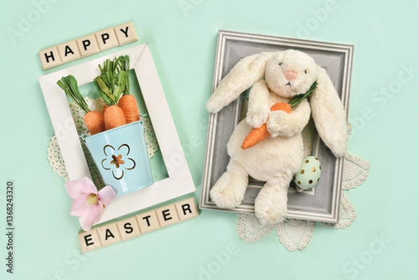 Obraz Easter greeting card with bunny fur toy and carrots inside photo frames