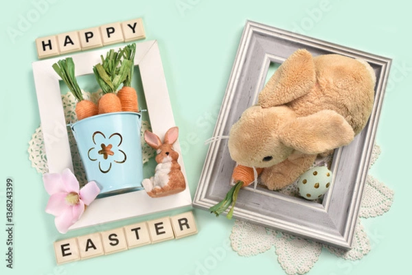 Obraz Easter greeting card with bunny fur toy and carrots inside photo frames