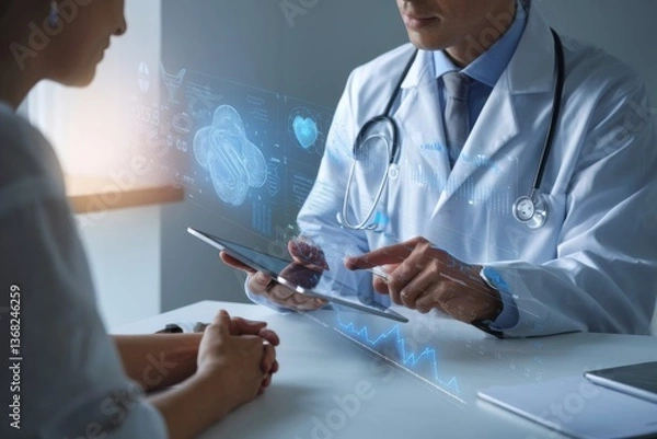Fototapeta Photo of a compassionate doctor consulting with a patient. The doctor is holding a tablet that displays intricate graphs and data