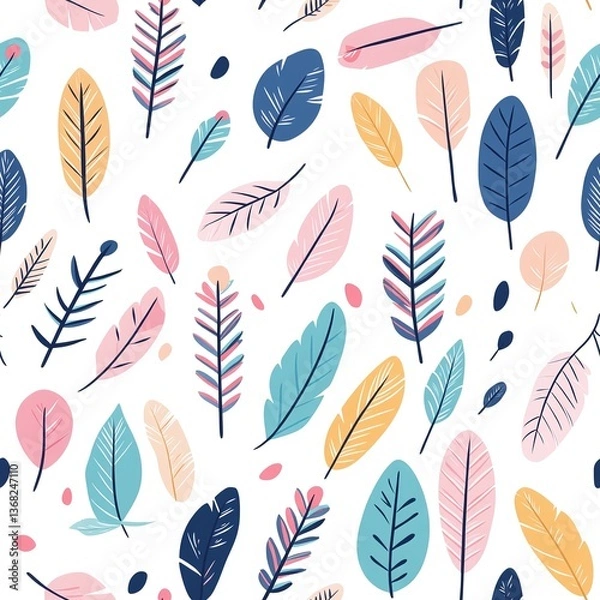 Fototapeta Soft pastel boho seamless pattern of delicate leaves nature digital design minimalist aesthetic
