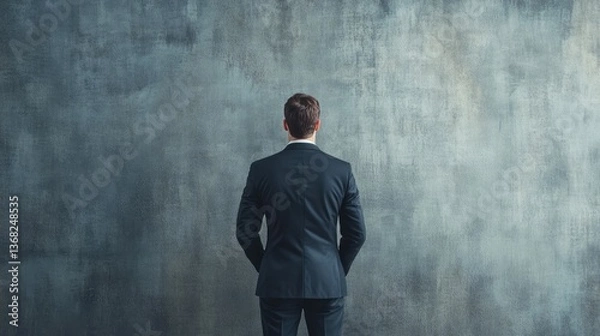Fototapeta A businessman in a suit stands with his back to the camera, contemplating in front of a textured gray wall