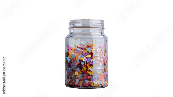 Fototapeta Glass jar containing colorful confetti on white background