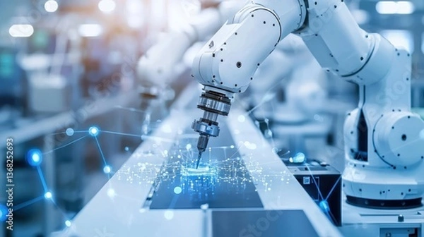 Fototapeta Advanced Robotic Arm in Modern Factory Setting for AI Language Model Adaptability Solutions