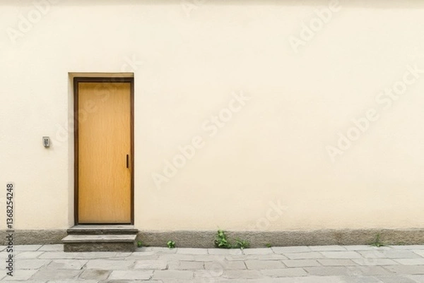 Obraz Minimalist wooden door set against a smooth concrete wall, showcasing simplicity and modern design in an urban environment during daylight
