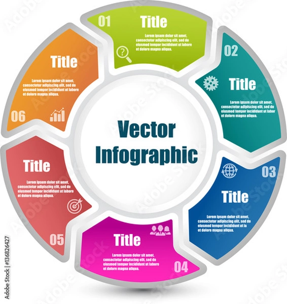 Fototapeta Circle infographic template with 6 steps and central element. Parts of the chart  with icons and numbers. For presentation and design concept. Vector illustration.
