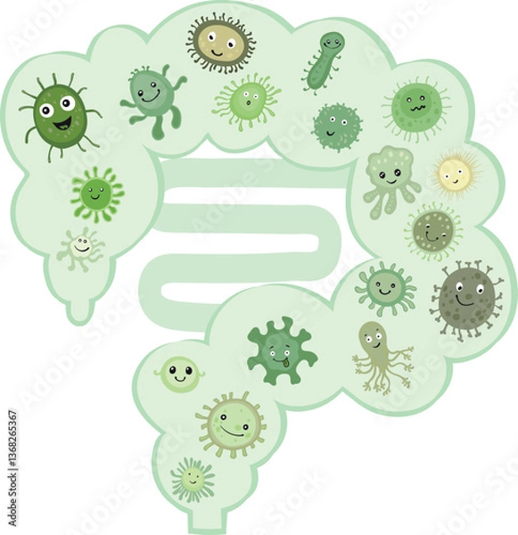 Fototapeta A vector illustration of various cute and friendly bacteria inside the human intestine, representing the gut microbiome and digestive health